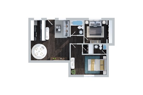 Floor plan for 2 beds, 2 baths, 1000 sqft